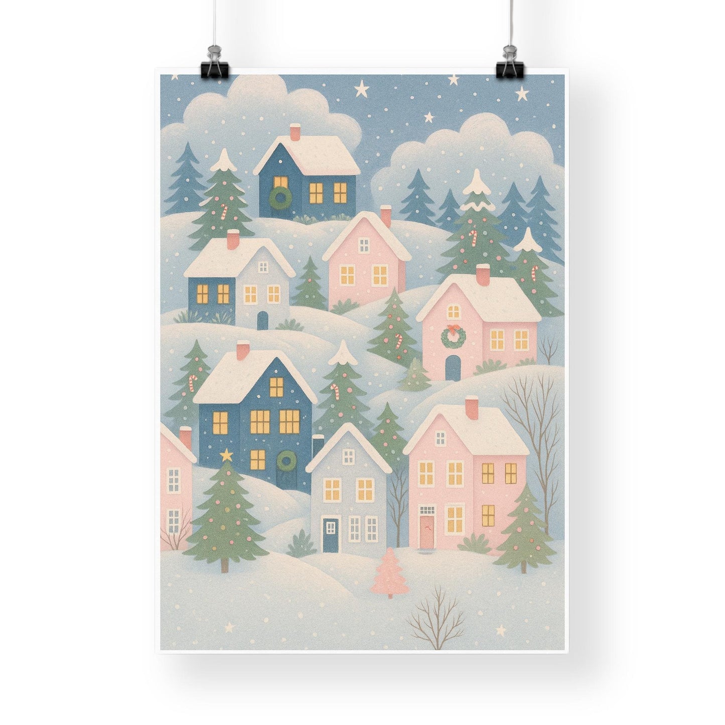 Christmas Village Print 02: Pastel Cosy Xmas Houses Wall Art  Christmas Illustration Poster  Seasonal Home Decor