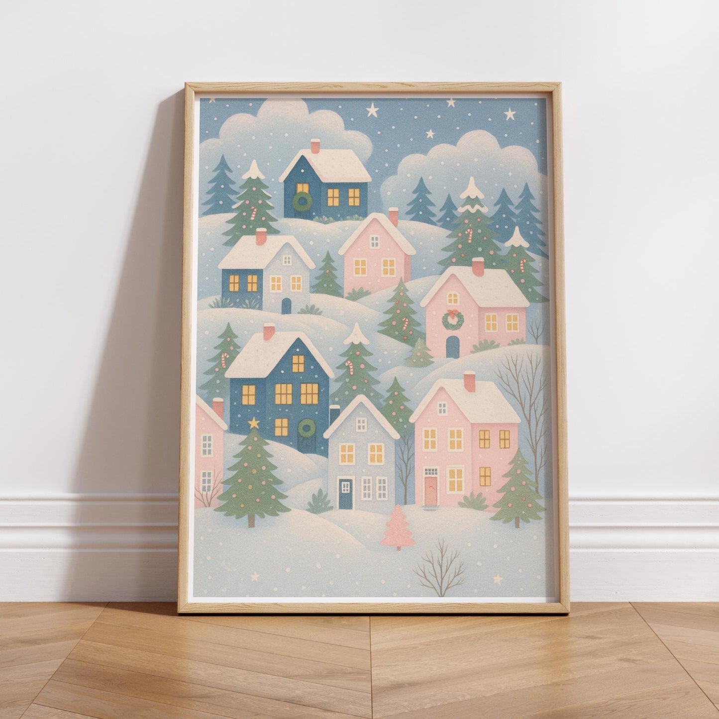 Christmas Village Print 02: Pastel Cosy Xmas Houses Wall Art  Christmas Illustration Poster  Seasonal Home Decor