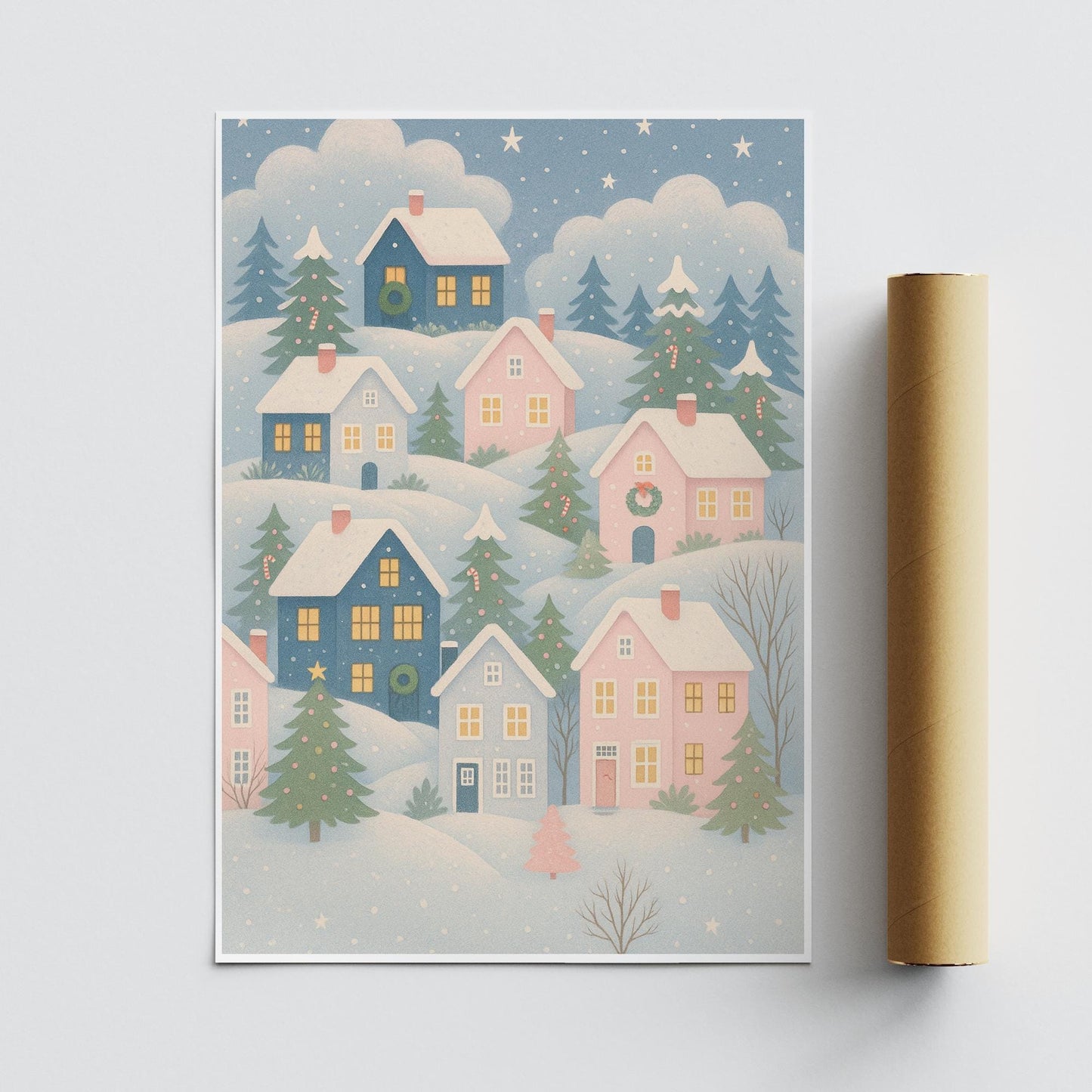 Christmas Village Print 02: Pastel Cosy Xmas Houses Wall Art  Christmas Illustration Poster  Seasonal Home Decor
