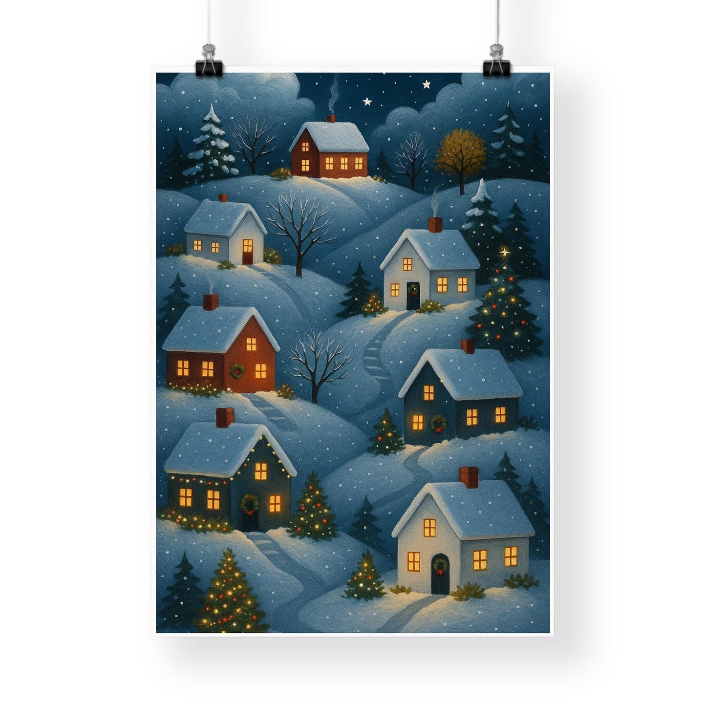 Christmas Village Wall Art 03: Night Scene Print  Cosy Winter Houses Artwork  Christmas Illustration Poster  Seasonal Home Decor