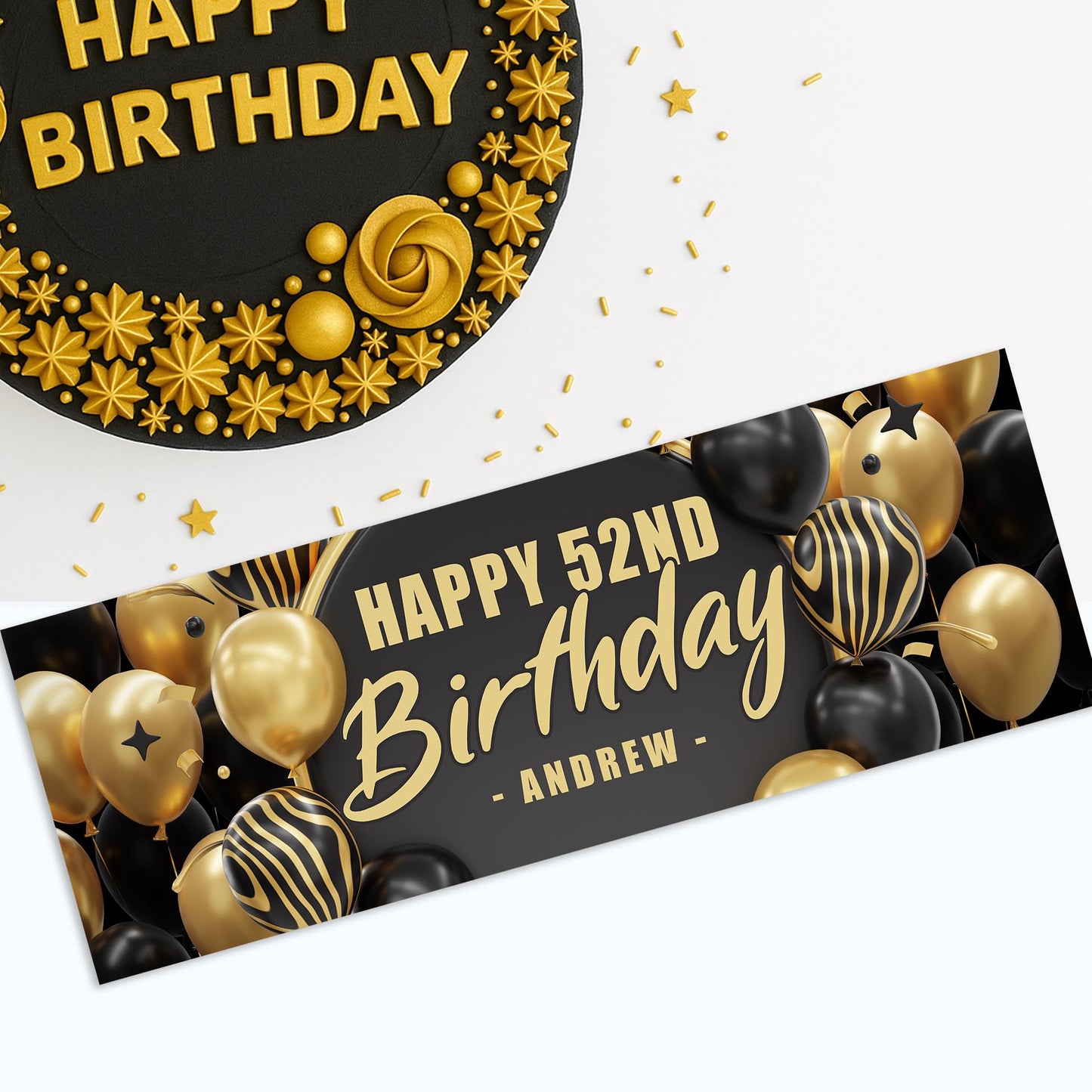 Personalised Black & Gold Birthday Banner: Custom Balloon Design Party Decoration   Party Backdrop or Table Decor | 18th, 21st, 40th, 50th