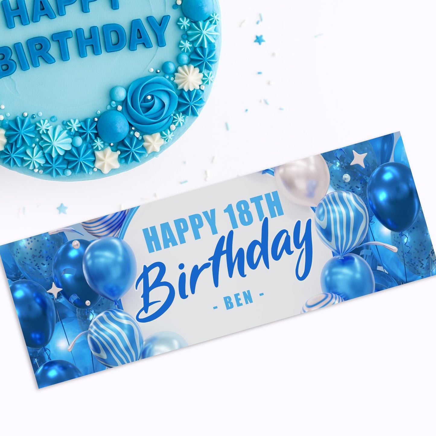Personalised Blue Balloon Birthday Banner: Custom Party Decoration for Him   Boys Party Backdrop or Table Decor | 16th, 18th, 21st, 50th