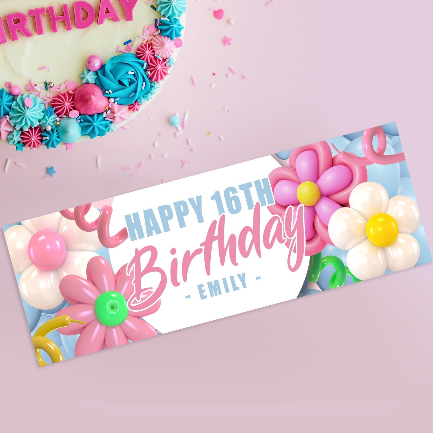 Personalised Flower Balloons Birthday Banner: Custom Pastel Floral Party Decoration   Party Backdrop or Table Decor | for Kids & Teens