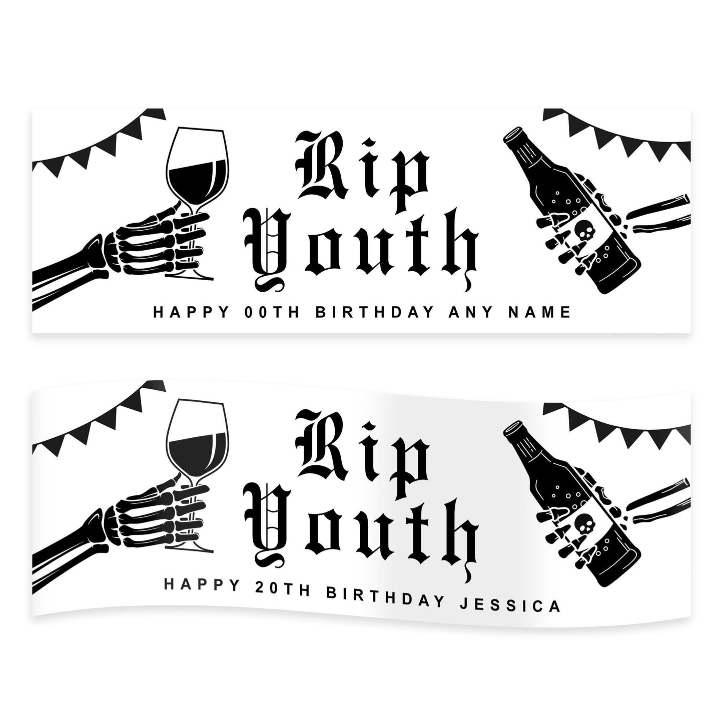 RIP Youth Birthday Banner  Gothic Skeleton Themed Party Decoration  Personalised Name & Age, Funny Birthday Party Decor, 18th, 21st, 30th
