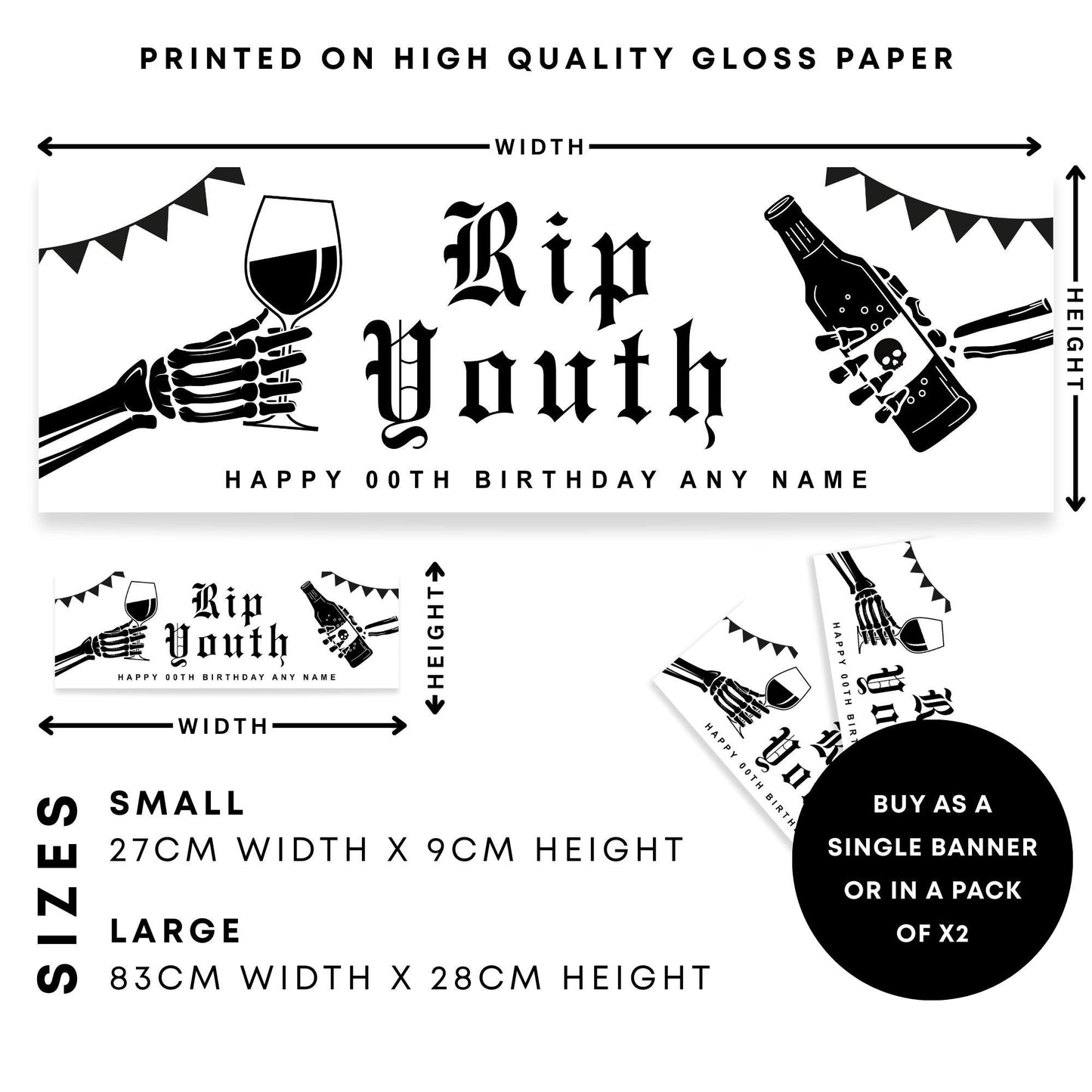 RIP Youth Birthday Banner  Gothic Skeleton Themed Party Decoration  Personalised Name & Age, Funny Birthday Party Decor, 18th, 21st, 30th
