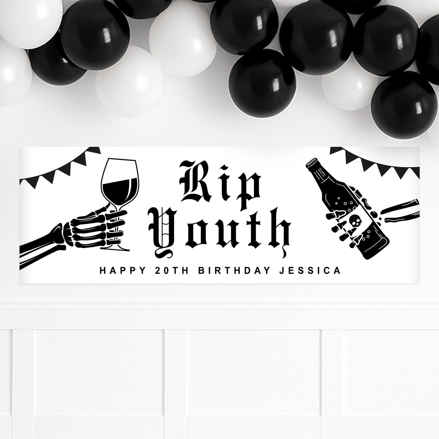 RIP Youth Birthday Banner  Gothic Skeleton Themed Party Decoration  Personalised Name & Age, Funny Birthday Party Decor, 18th, 21st, 30th