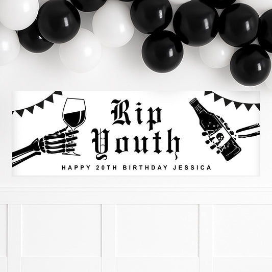 RIP Youth Birthday Banner  Gothic Skeleton Themed Party Decoration  Personalised Name & Age, Funny Birthday Party Decor, 18th, 21st, 30th