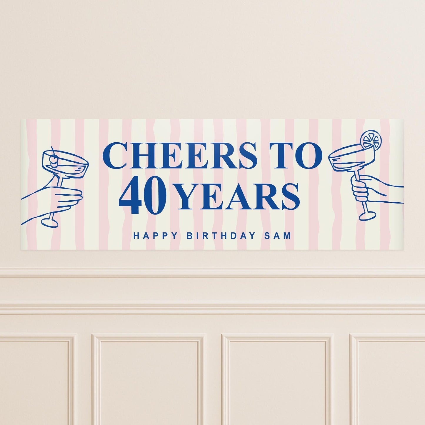 Personalised Birthday Banner  Cheers to Years Striped Cocktail Themed Party Decoration  Custom Pink & Blue Party Decor  21st, 30th, 40th