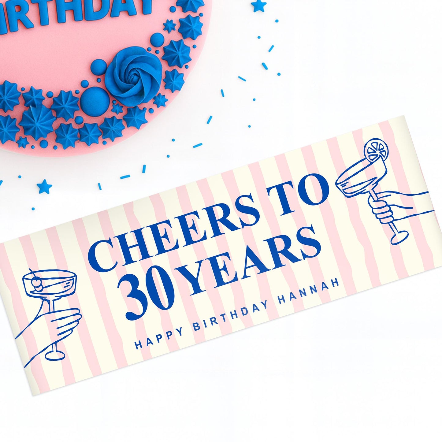 Personalised Birthday Banner  Cheers to Years Striped Cocktail Themed Party Decoration  Custom Pink & Blue Party Decor  21st, 30th, 40th