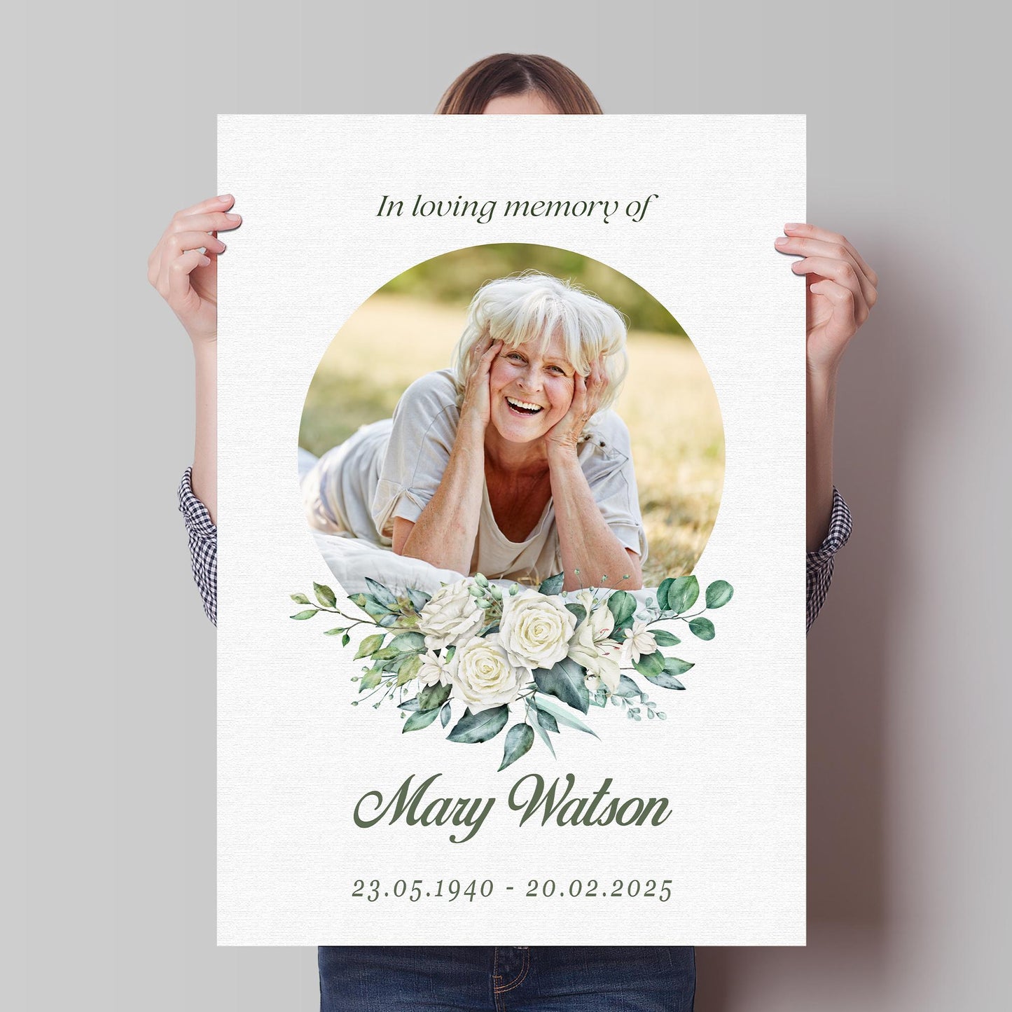 Personalised Funeral Sign  02: In Loving Memory White Floral Photo Poster  Custom Memorial Print for Wake or Celebration of Life  A3 & A2