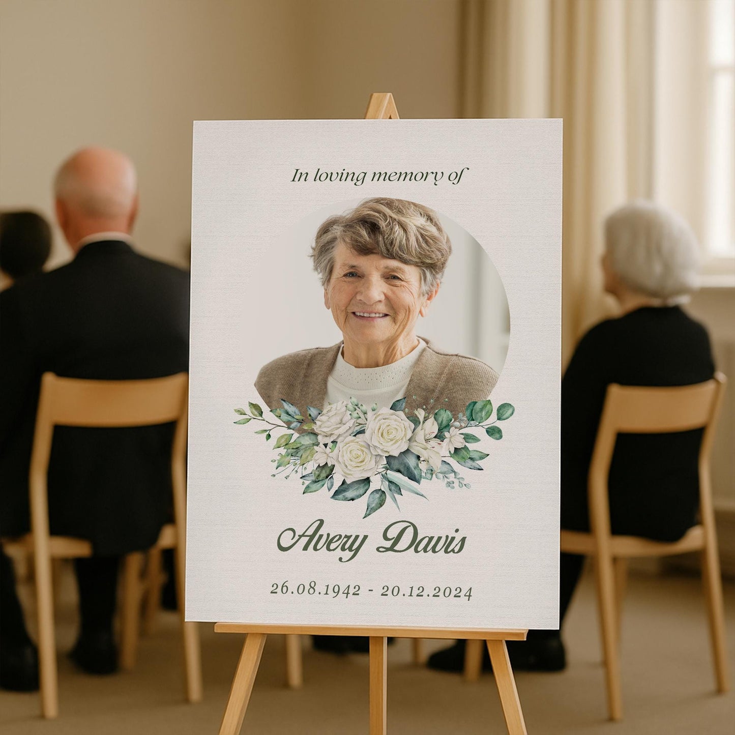 Personalised Funeral Sign  02: In Loving Memory White Floral Photo Poster  Custom Memorial Print for Wake or Celebration of Life  A3 & A2