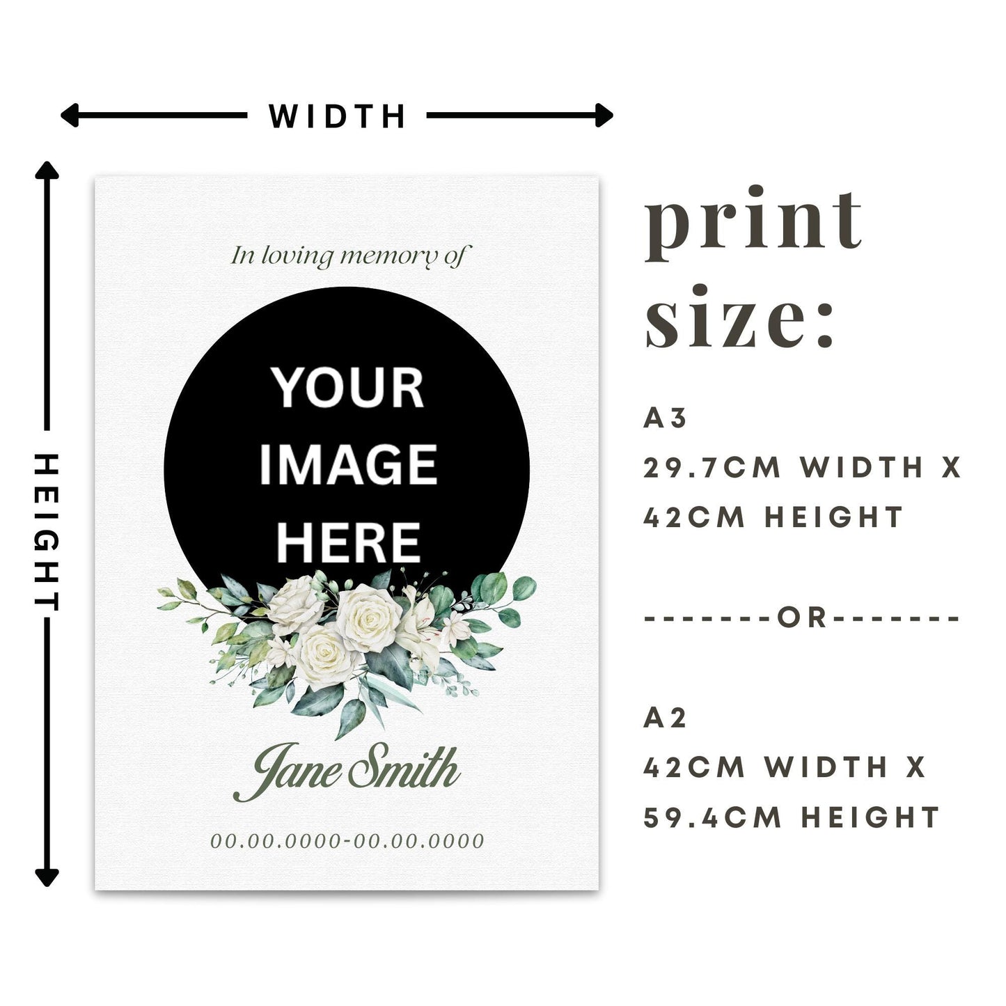 Personalised Funeral Sign  02: In Loving Memory White Floral Photo Poster  Custom Memorial Print for Wake or Celebration of Life  A3 & A2