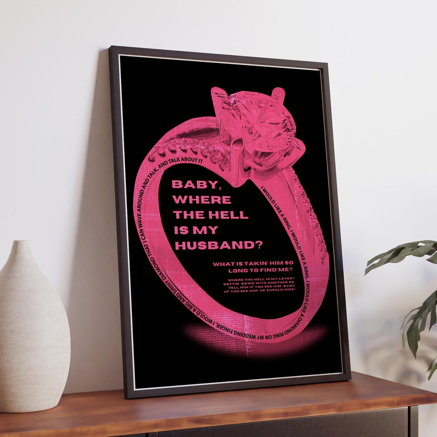Lyric Wall Art Print  Where The Hell Is My Husband 04: Music Quote Poster | Typography Print | Neon Pink Diamond Ring Graphic | Home Decor