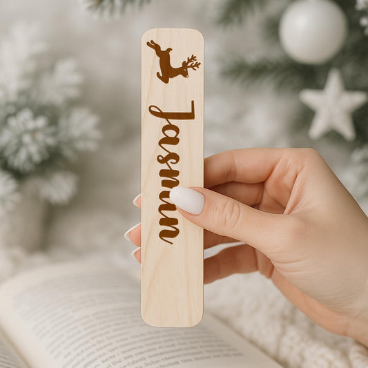 Personalised Bookmark - Reindeer Jumping: Custom Name Wooden Christmas Book Lover Gift   Present for Readers, Stocking Filler, Secret Santa