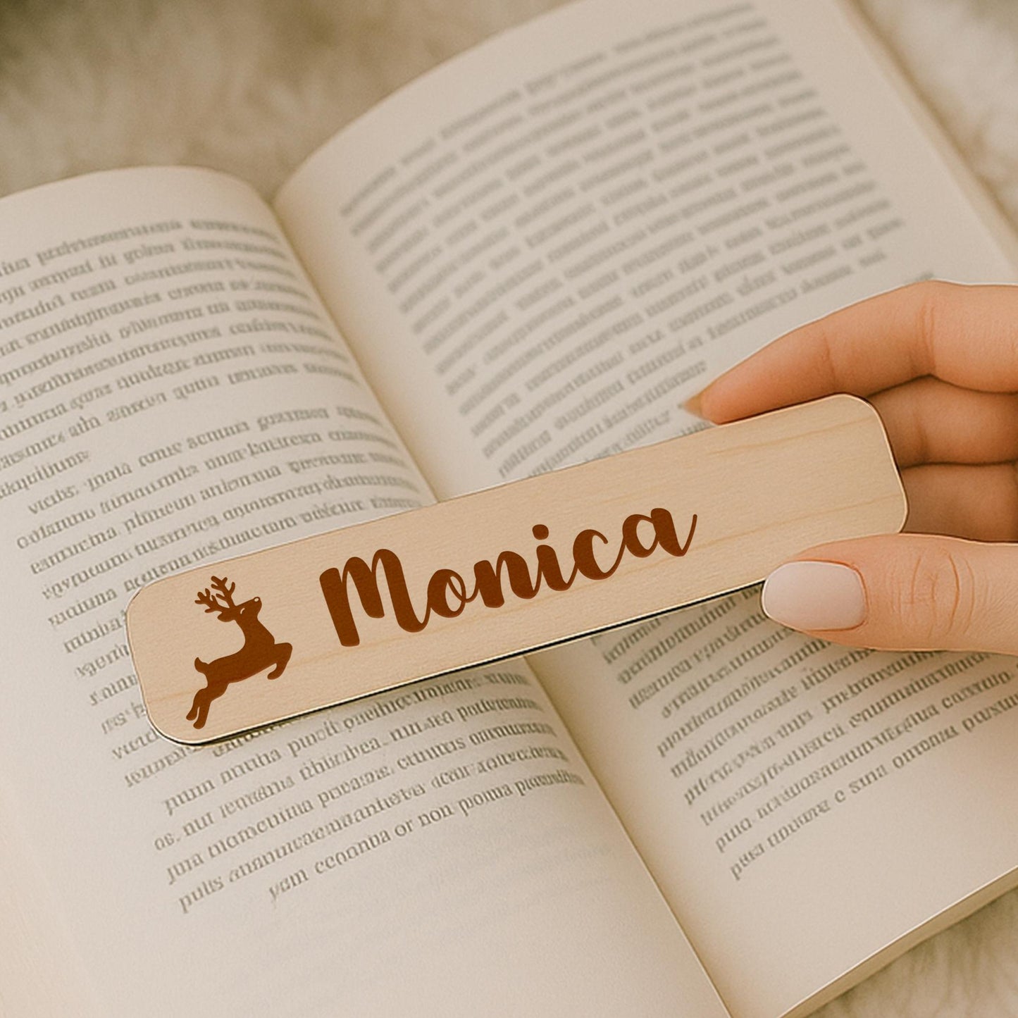 Personalised Bookmark - Reindeer Jumping: Custom Name Wooden Christmas Book Lover Gift   Present for Readers, Stocking Filler, Secret Santa