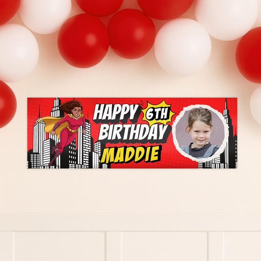 Personalised Superhero Birthday Banner with Photo  Custom Party Decoration, Comic Style Girl Superhero Birthday Banner for Kids