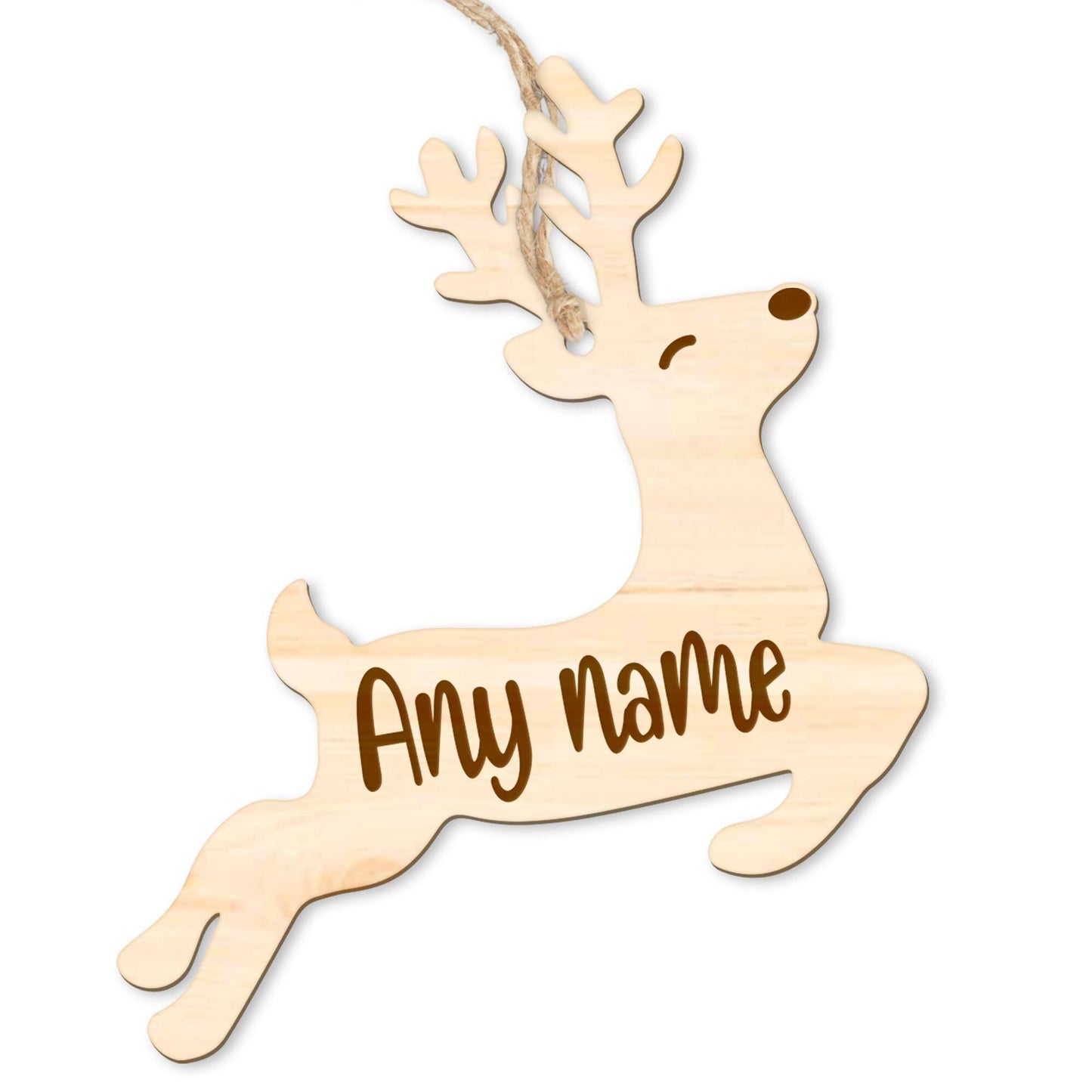 Personalised Wooden Jumping Reindeer Christmas Tree Decoration  Custom Engraved Name Birchwood Ornament   Rustic Bauble Gift Keepsake