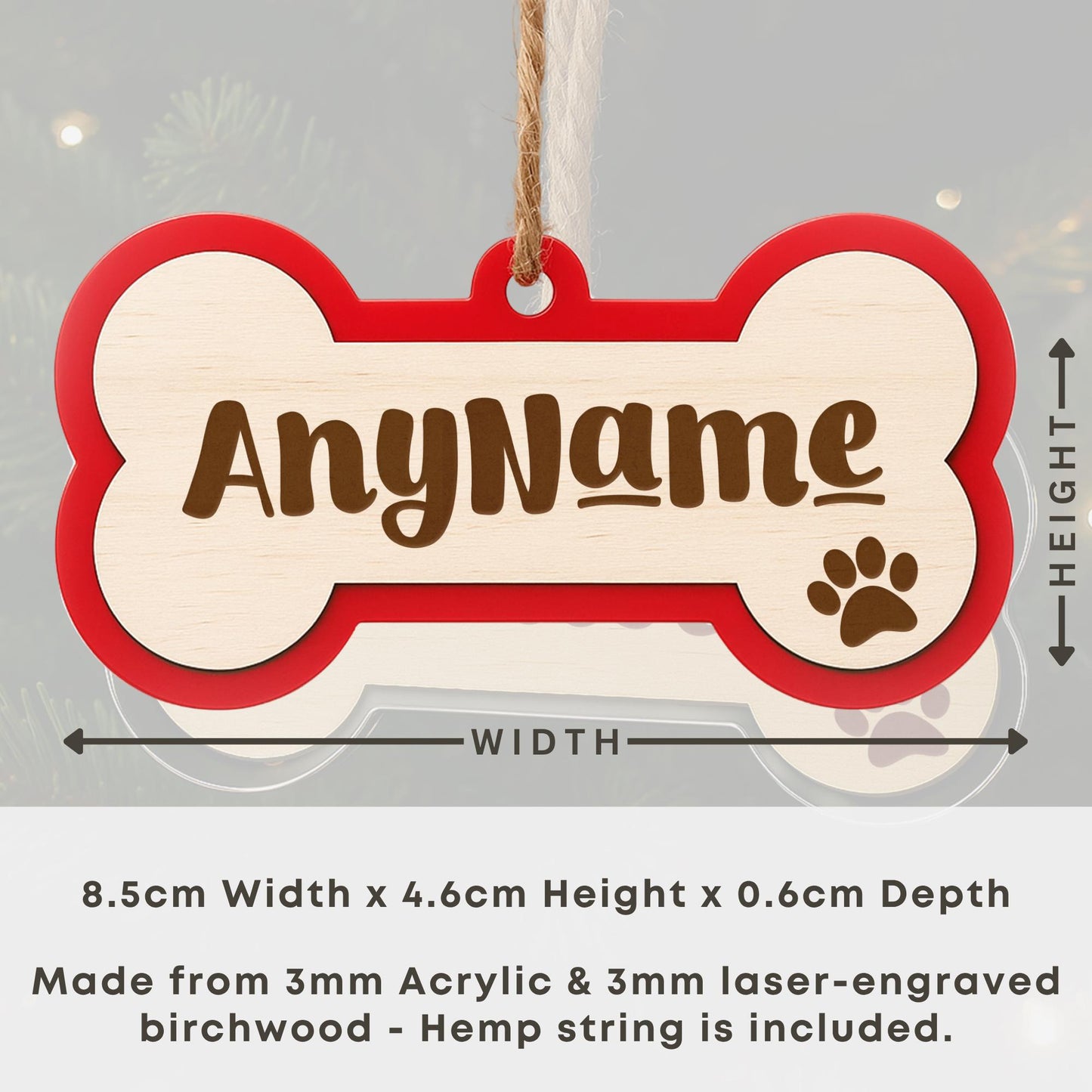 Personalised Dog Name Christmas Ornament - Dog Bone Layered Bauble 3: Custom Pet Name Xmas Tree Decoration Gift  First Christmas Keepsake