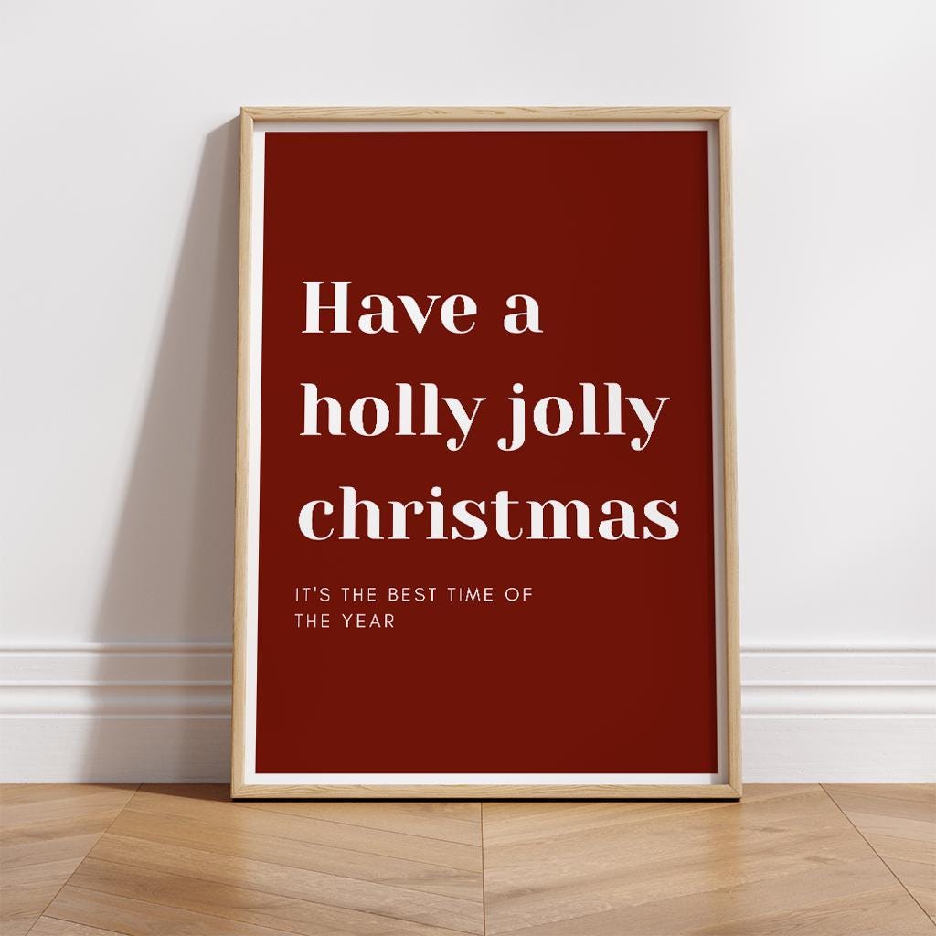 Christmas Poster Print  "Have a Holly Jolly Christmas" Xmas Print 03  | Red & White Festive Typography Wall Art | Seasonal Home Decor