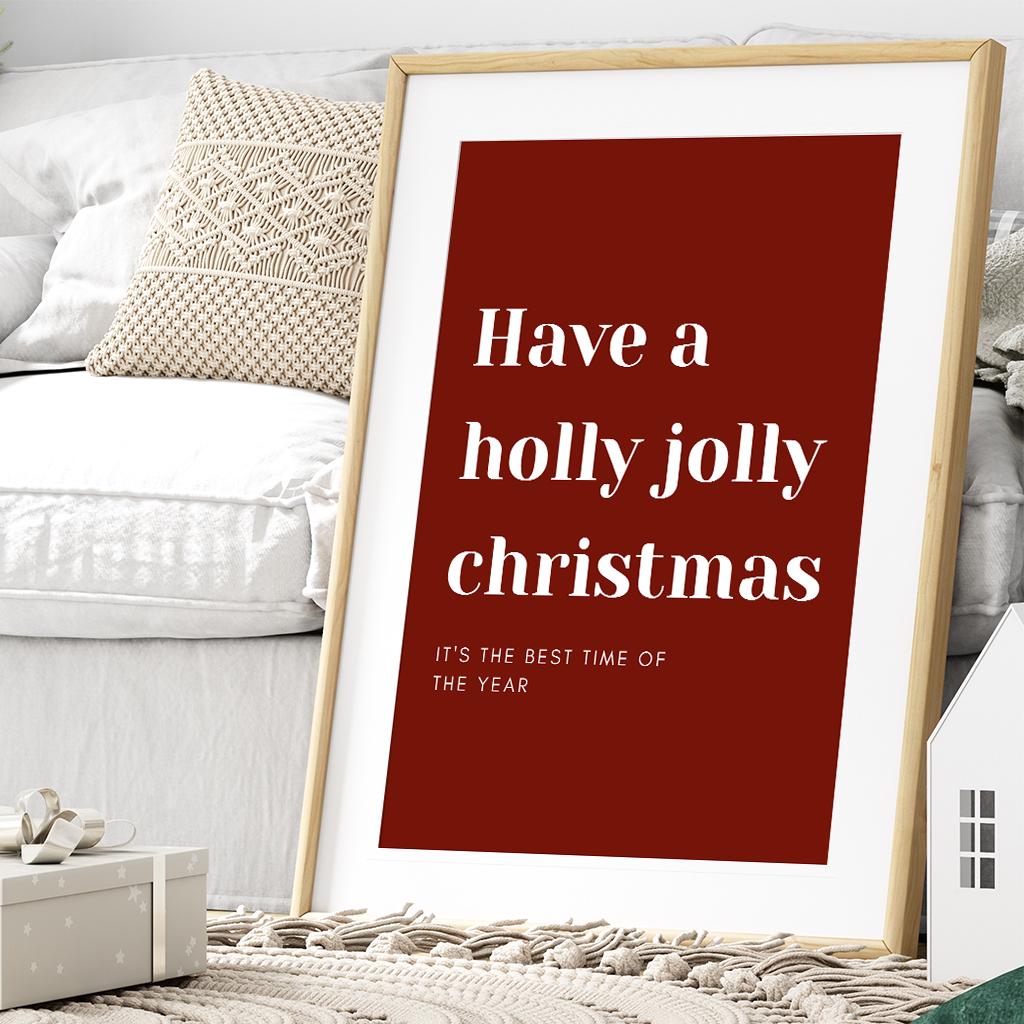 Christmas Poster Print  "Have a Holly Jolly Christmas" Xmas Print 03  | Red & White Festive Typography Wall Art | Seasonal Home Decor