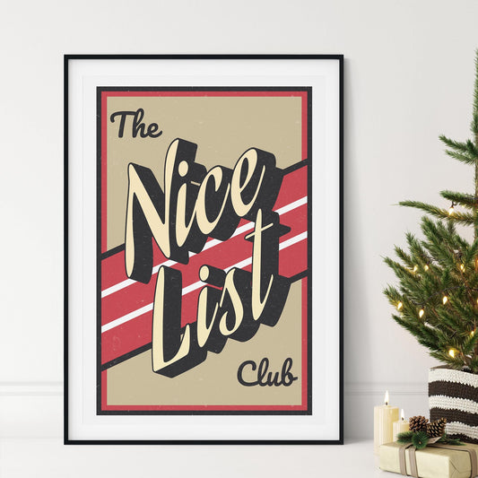Retro Christmas Poster  "The Nice List Club" Print 02 | Vintage Xmas Wall Art | Festive Typography Christmas Print | Seasonal Home Decor