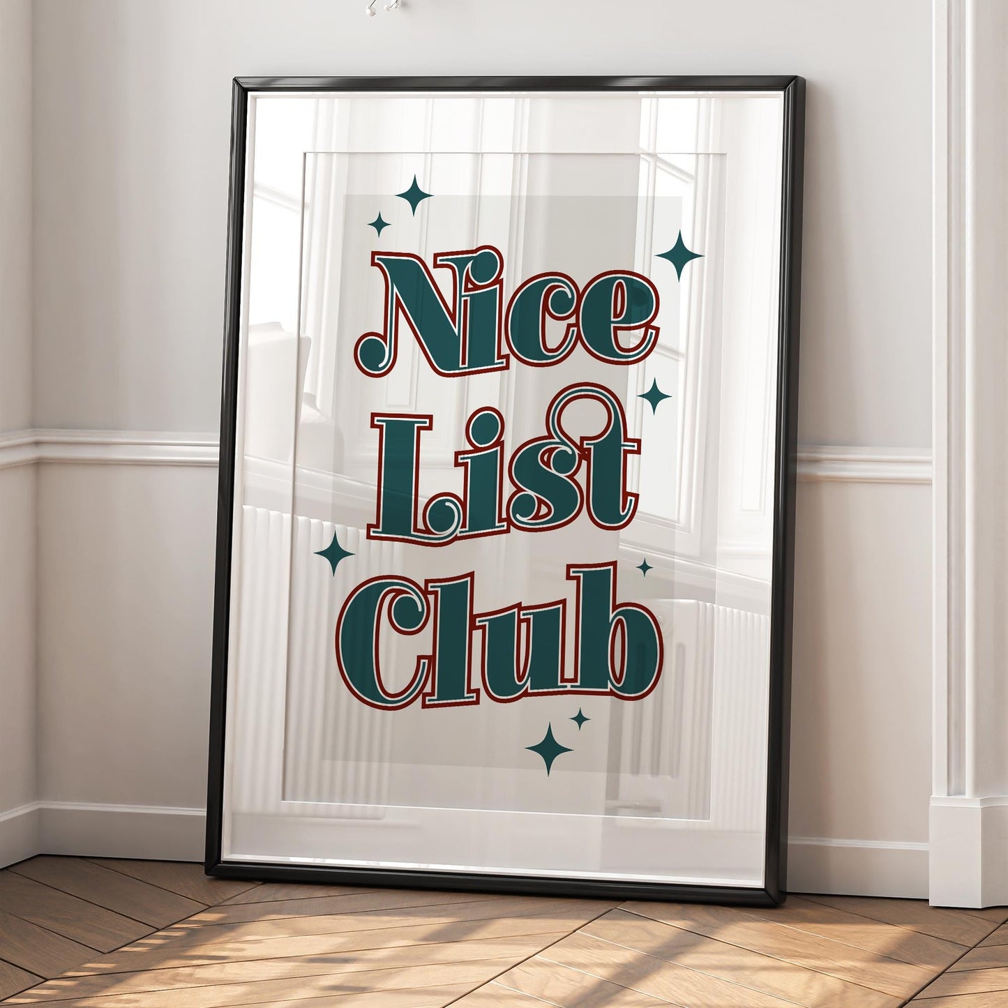Christmas Wall Print  "Nice List Club" Poster 04 | Festive Typography Print with Star Accents | Xmas Wall Art | Seasonal Home Decor