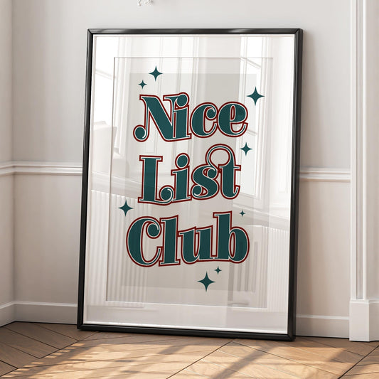 Christmas Wall Print  "Nice List Club" Poster 04 | Festive Typography Print with Star Accents | Xmas Wall Art | Seasonal Home Decor