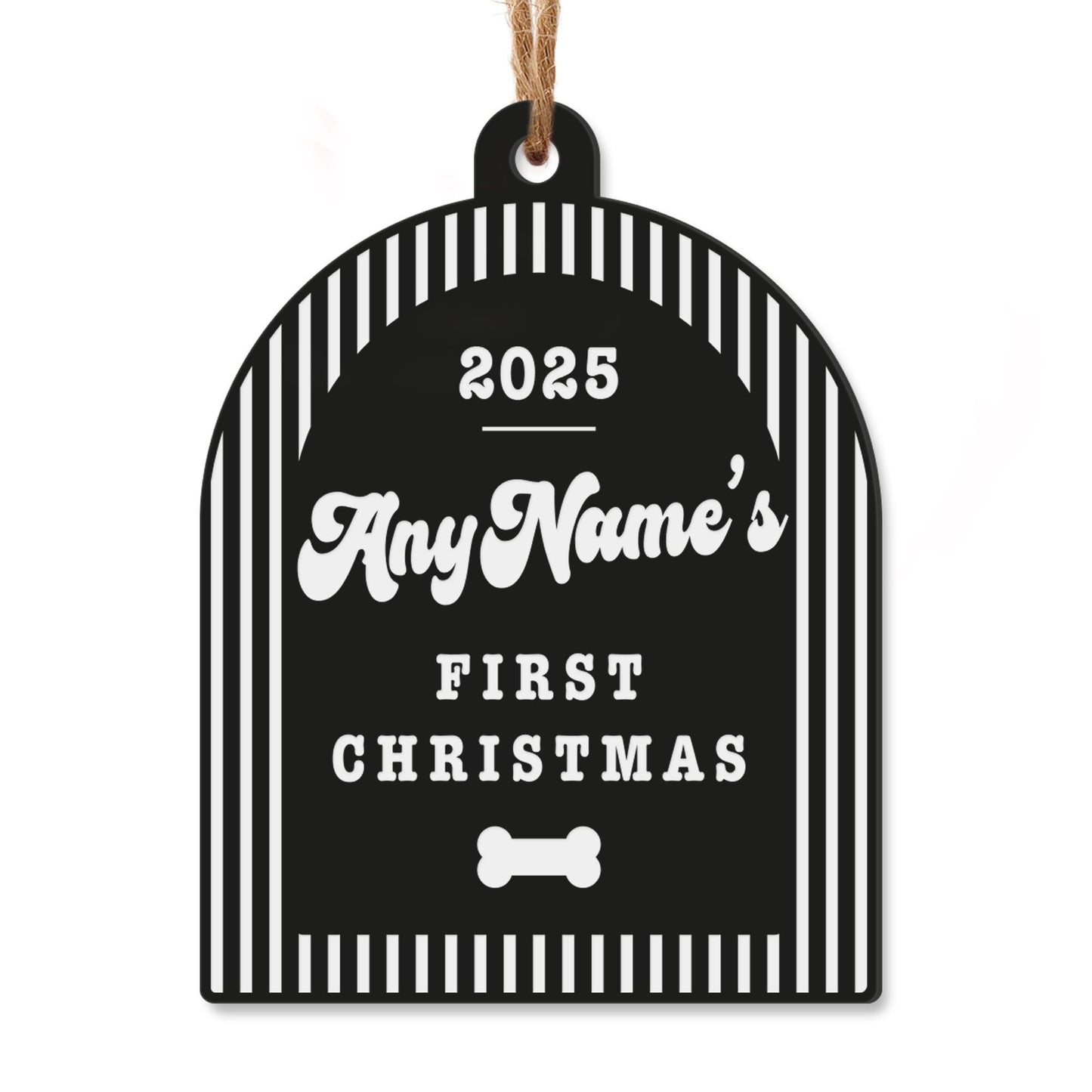 Personalised Dog First Christmas Bauble  Striped Arch & Bone: Custom Pet Ornament with Name and Year | Puppys First Xmas Keepsake Gift