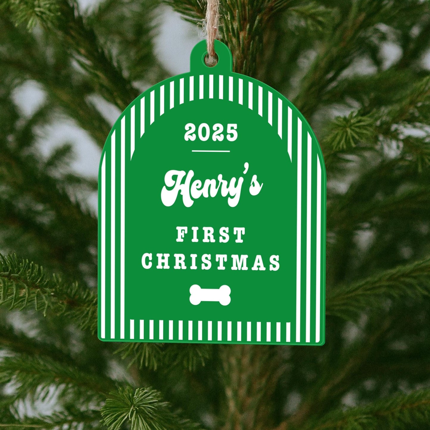 Personalised Dog First Christmas Bauble  Striped Arch & Bone: Custom Pet Ornament with Name and Year | Puppys First Xmas Keepsake Gift