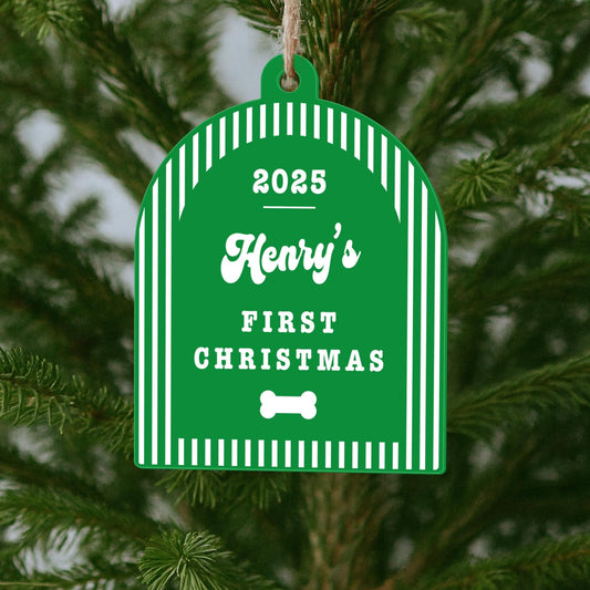 Personalised Dog First Christmas Bauble  Striped Arch & Bone: Custom Pet Ornament with Name and Year | Puppys First Xmas Keepsake Gift