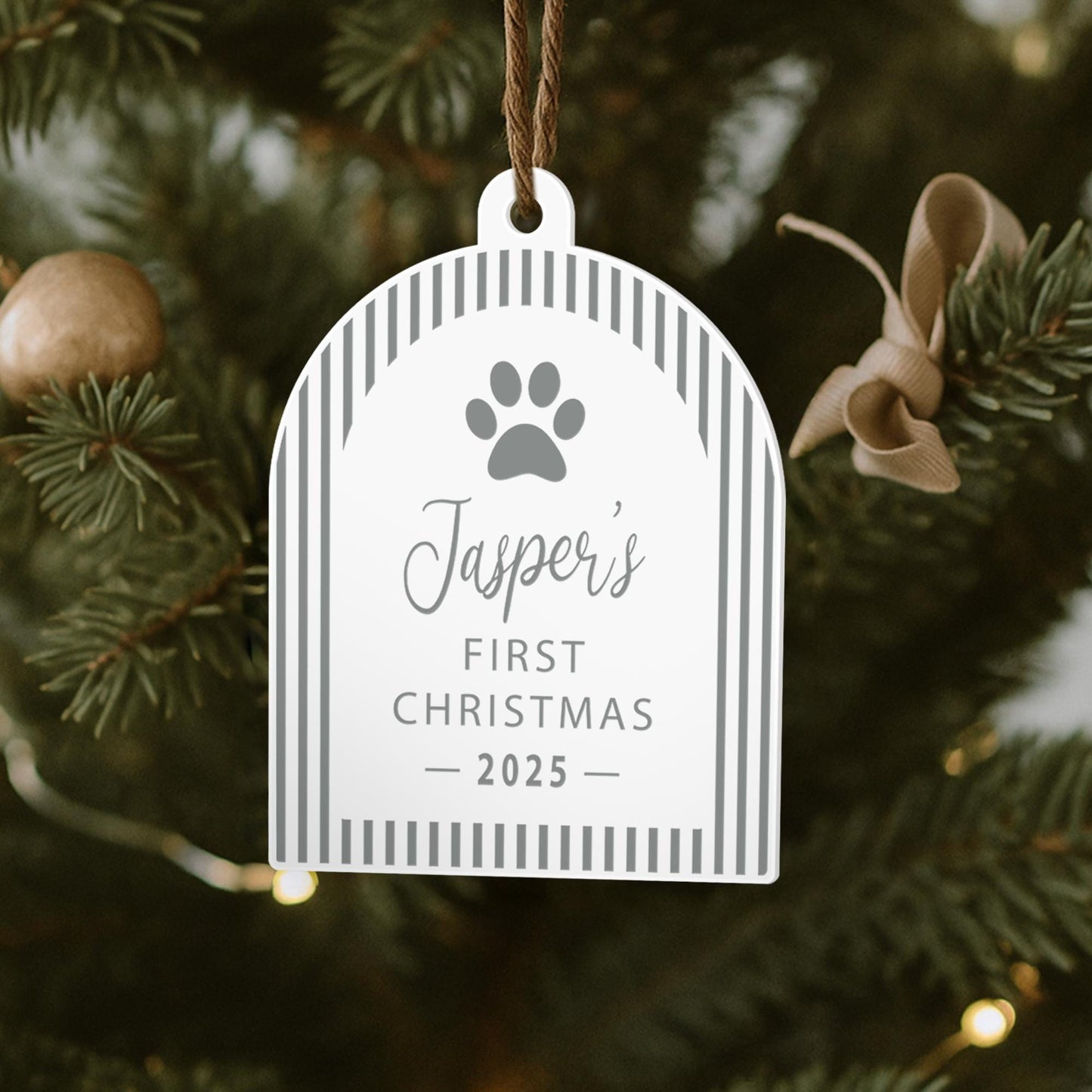 Personalised Pet First Christmas Bauble  Striped Arch & Paw: Custom Pet Ornament with Name and Year | Cat or Dog's First Xmas Keepsake Gift
