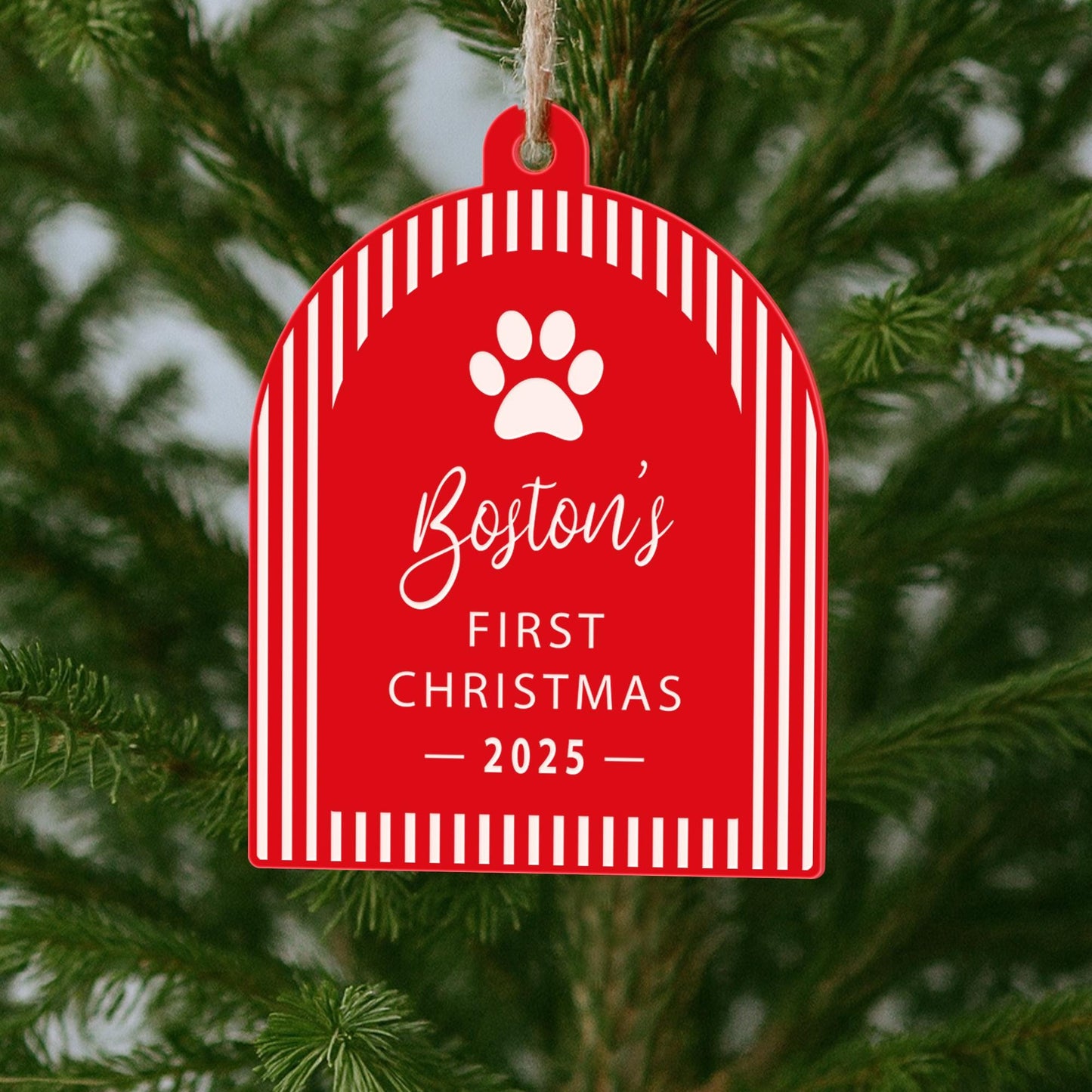 Personalised Pet First Christmas Bauble  Striped Arch & Paw: Custom Pet Ornament with Name and Year | Cat or Dog's First Xmas Keepsake Gift