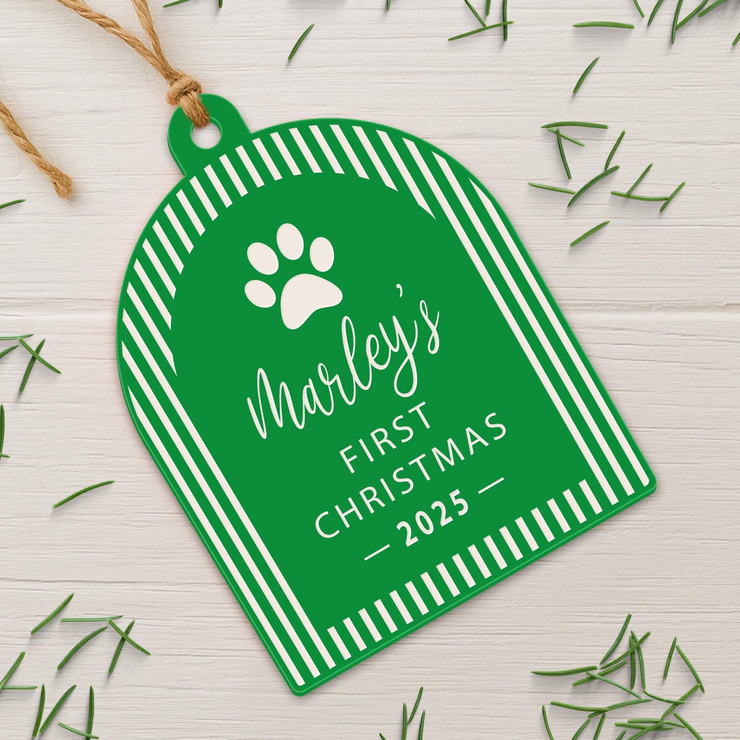 Personalised Pet First Christmas Bauble  Striped Arch & Paw: Custom Pet Ornament with Name and Year | Cat or Dog's First Xmas Keepsake Gift
