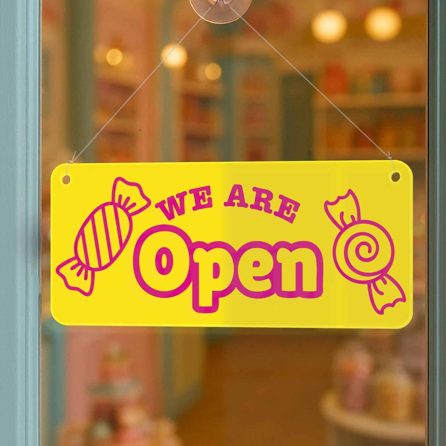 Double-Sided Sweet Shop Open & Closed Sign  03: Hanging Door Sign with Suction Cup, Custom Brand Colour Plaque, Sweet Shop Window Display