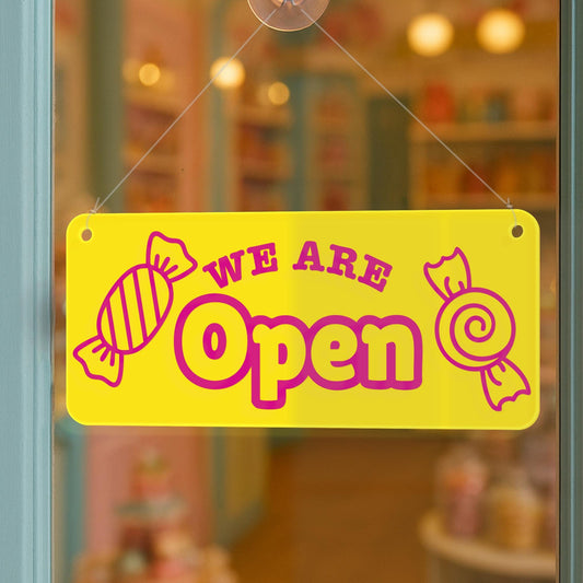 Double-Sided Sweet Shop Open & Closed Sign  03: Hanging Door Sign with Suction Cup, Custom Brand Colour Plaque, Sweet Shop Window Display