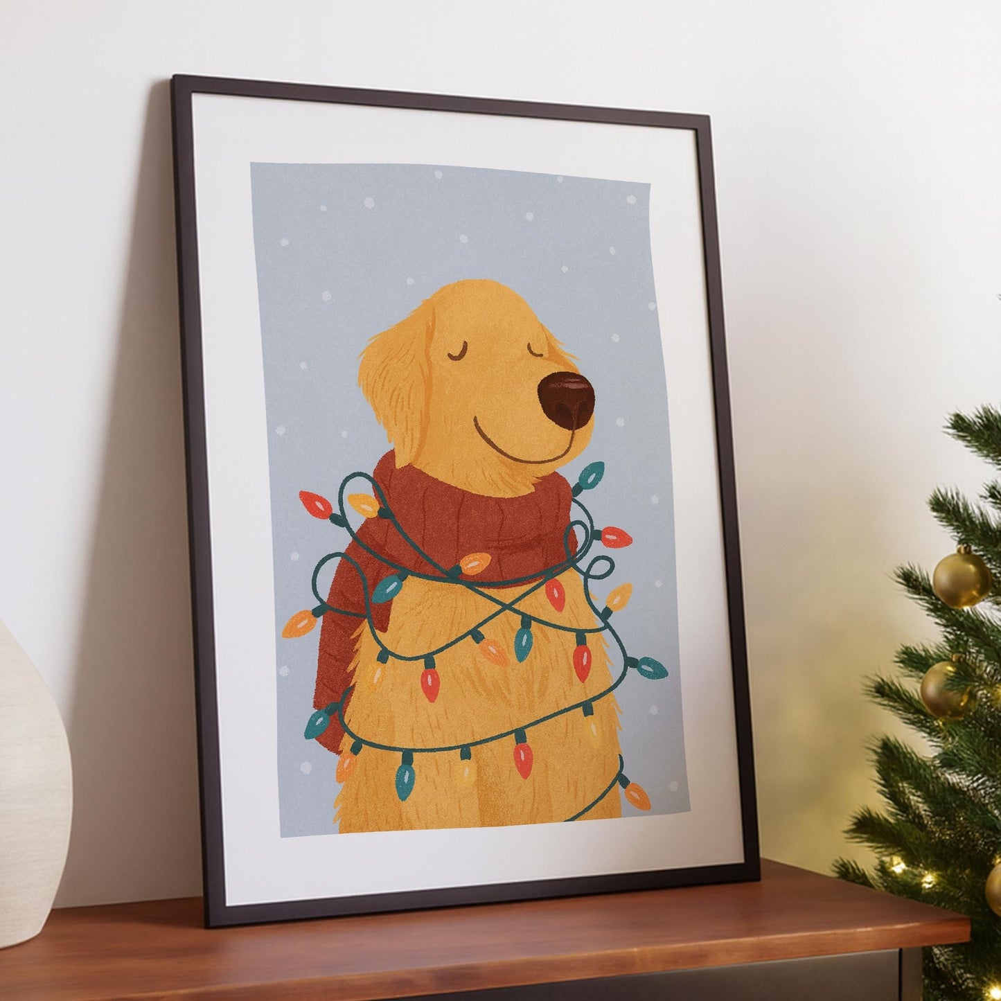 Christmas Dog Print  Golden Retriever  Festive Xmas Wall Art  Cute Christmas Pet Poster  Seasonal Home Decor  Gift For Dog Lover