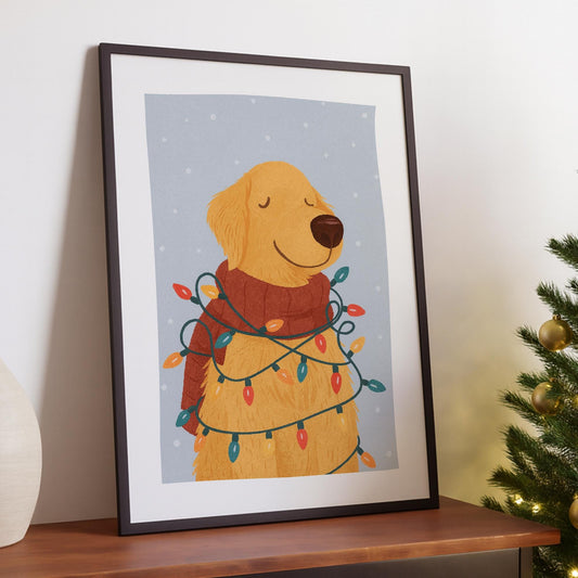 Christmas Dog Print  Golden Retriever  Festive Xmas Wall Art  Cute Christmas Pet Poster  Seasonal Home Decor  Gift For Dog Lover