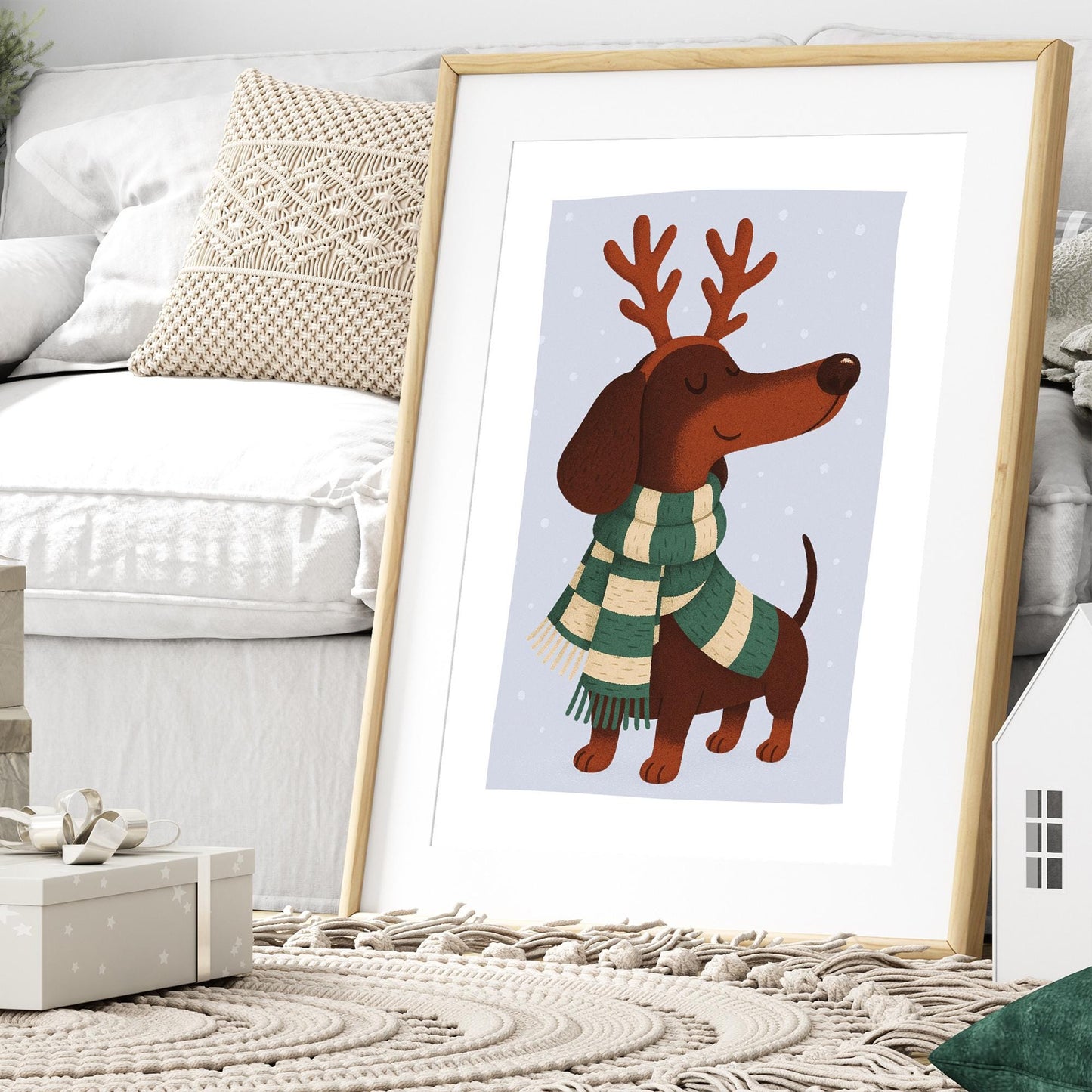 Christmas Dog Wall Art  Sausage Dog with Reindeer Antlers  Dog Lover Festive Xmas Print  Dachshund Christmas Poster  Seasonal Home Decor