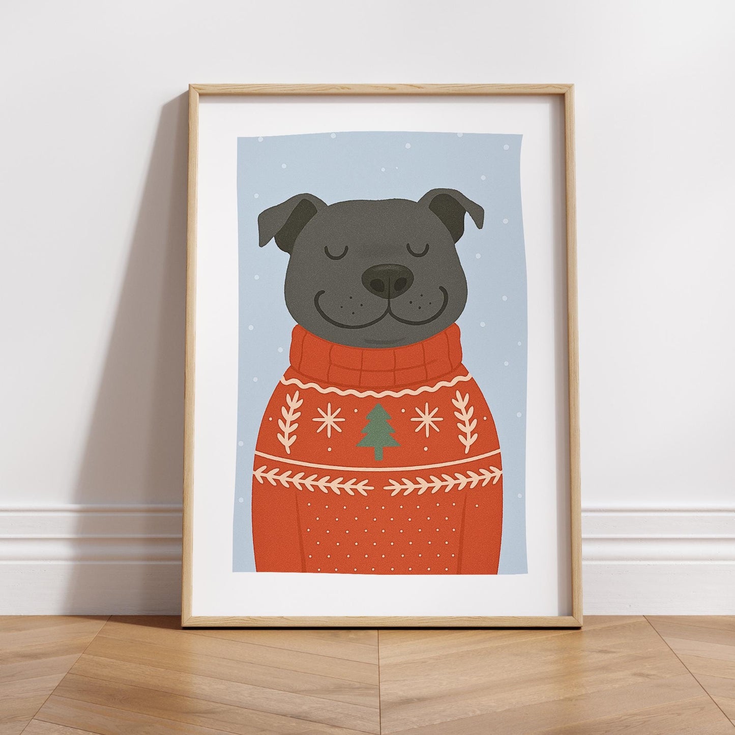 Christmas Dog Print  Staffy in Christmas Jumper Poster  Festive Staffordshire Bull Terrier Wall Art  Seasonal Home Decor  For Dog Lover
