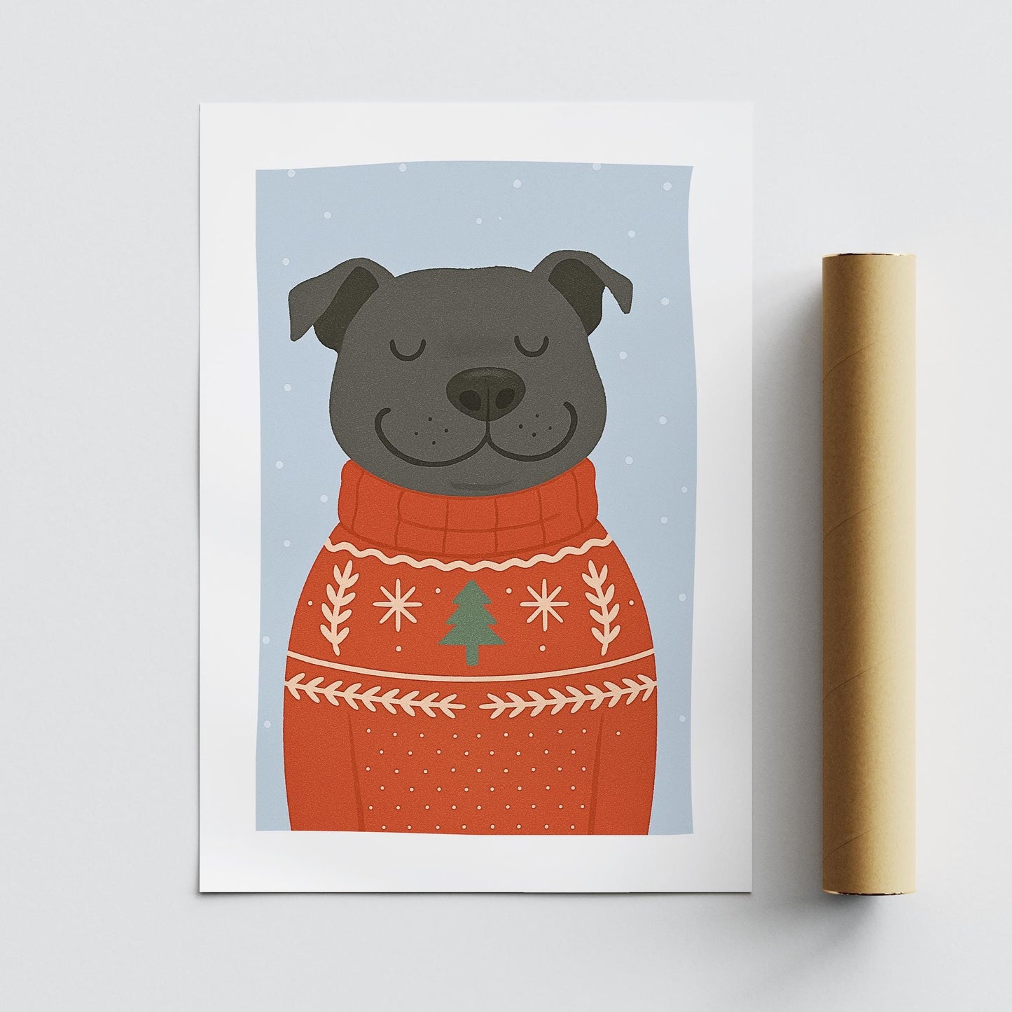 Christmas Dog Print  Staffy in Christmas Jumper Poster  Festive Staffordshire Bull Terrier Wall Art  Seasonal Home Decor  For Dog Lover