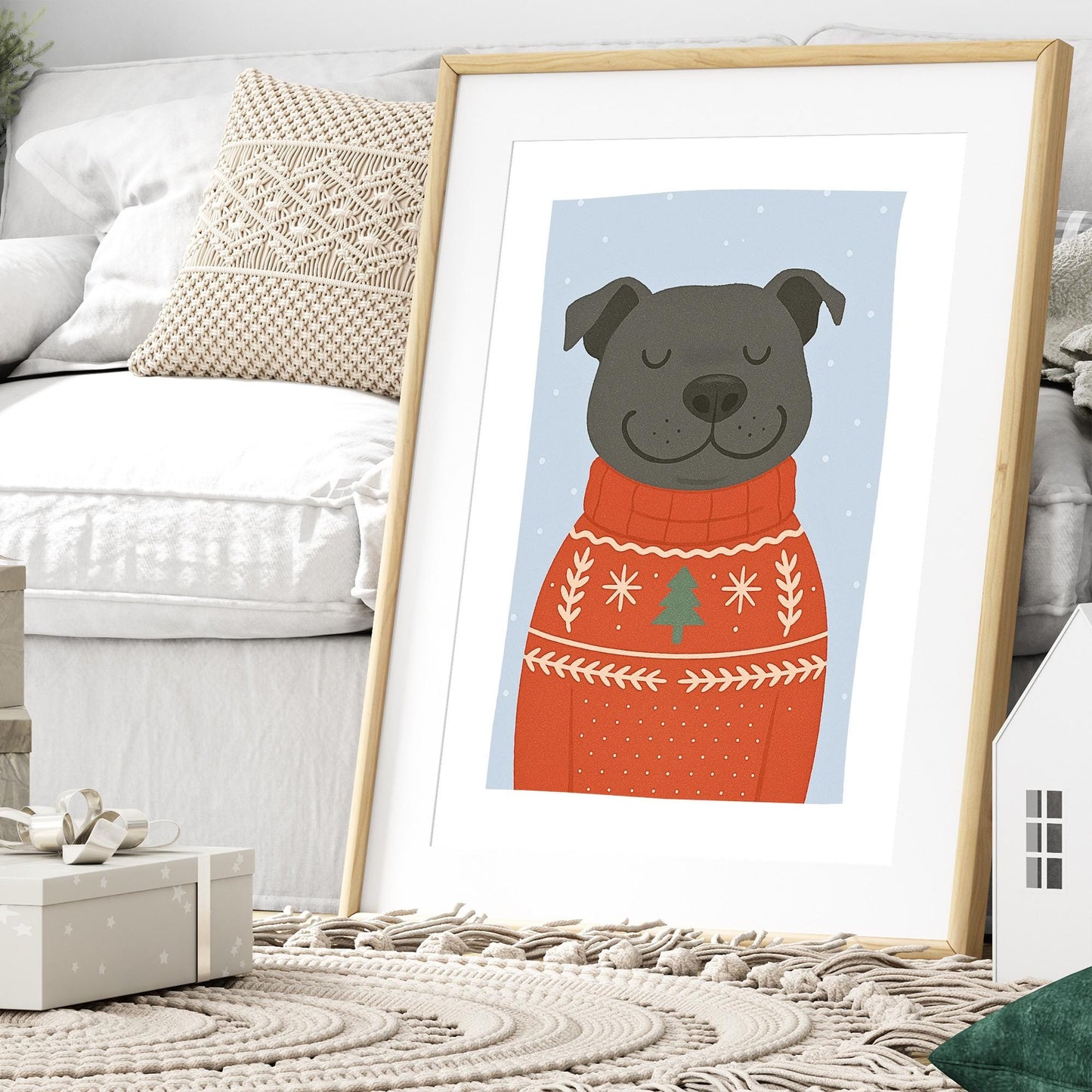 Christmas Dog Print  Staffy in Christmas Jumper Poster  Festive Staffordshire Bull Terrier Wall Art  Seasonal Home Decor  For Dog Lover