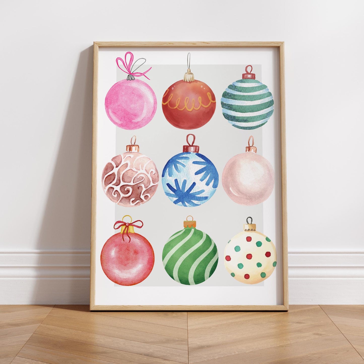 Watercolour Bauble Christmas Print  Colourful Xmas Ornament Poster  Modern Festive Wall Art  Seasonal Home Decor Gift