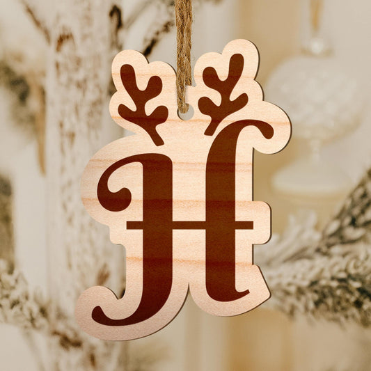 Personalised Wooden Christmas Initial Bauble with Reindeer Antlers  Rustic Wood Letter Decoration for Tree, Gift Tags & Stocking Fillers