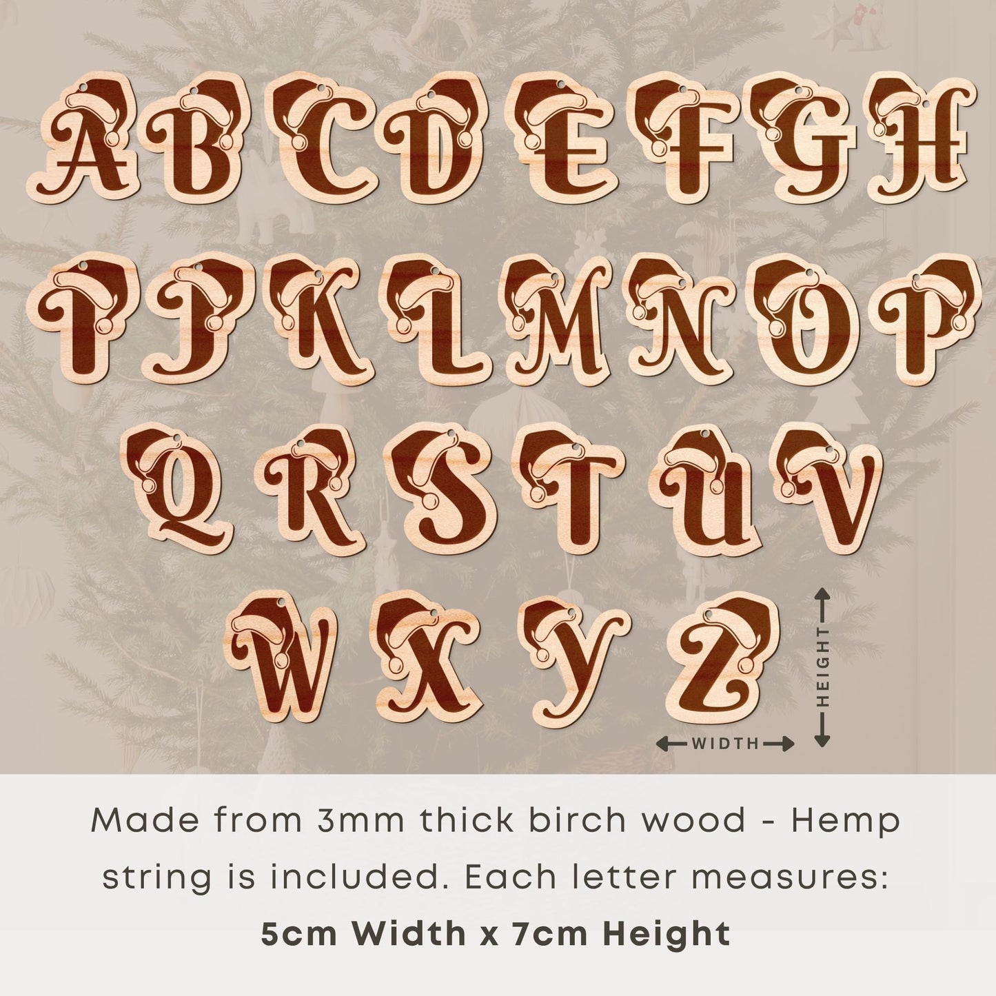 Personalised Wooden Christmas Initial Bauble with Santa Hat  Rustic Wood Letter Decoration for Tree, Gifts & Stockings