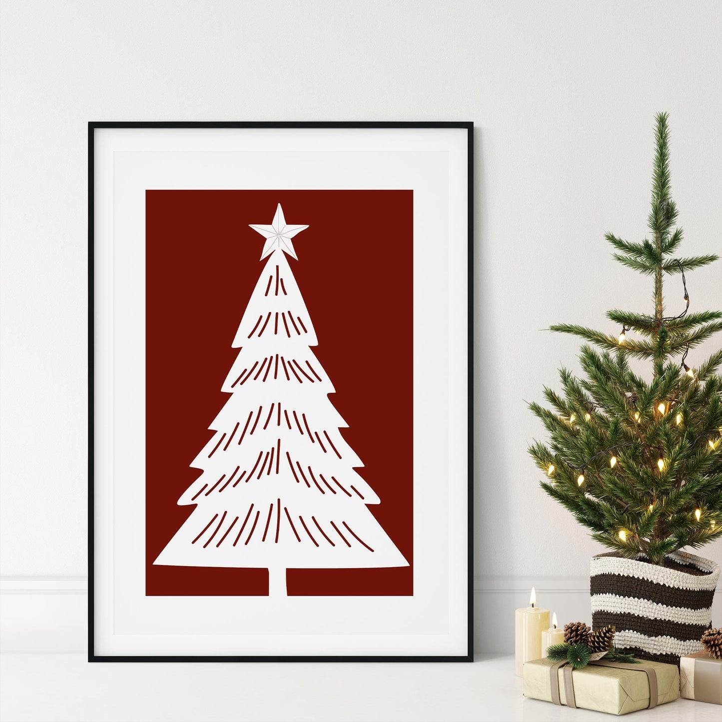 Christmas Tree Wall Art  Minimal Red Xmas Print  Modern Christmas Poster for Festive Gallery Wall   Seasonal Home Decor