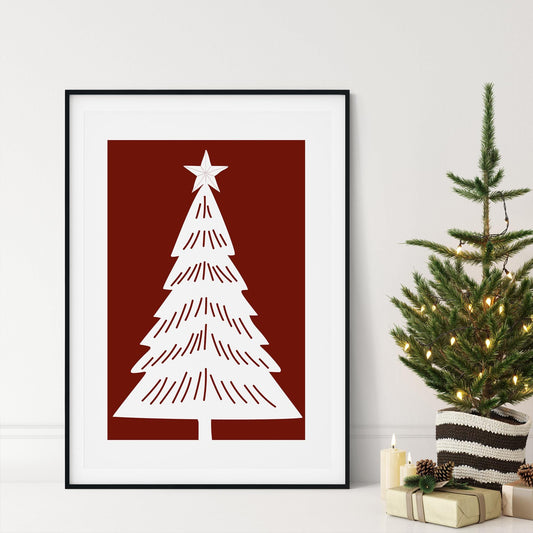 Christmas Tree Wall Art  Minimal Red Xmas Print  Modern Christmas Poster for Festive Gallery Wall   Seasonal Home Decor