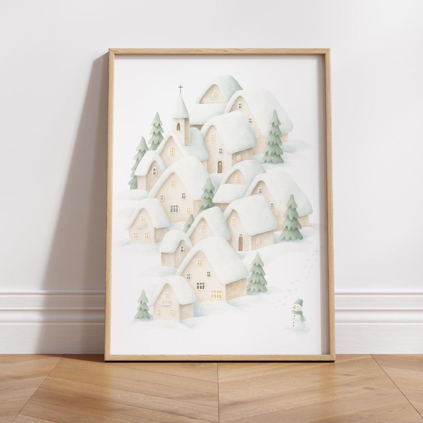 Christmas Village Wall Art 01: Snowy Winter Scene Print  Cosy Neutral Christmas Illustration Poster  Xmas Decoration  Seasonal Home Decor