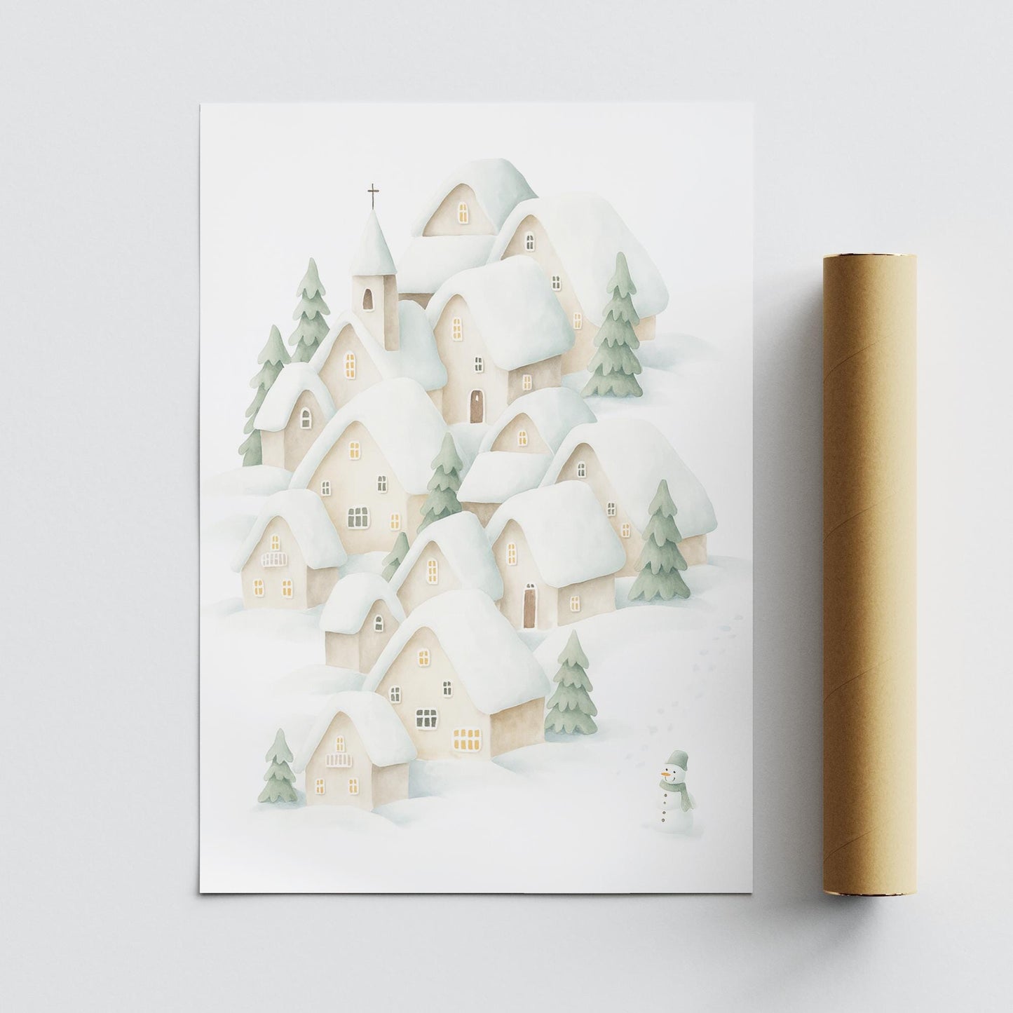 Christmas Village Wall Art 01: Snowy Winter Scene Print  Cosy Neutral Christmas Illustration Poster  Xmas Decoration  Seasonal Home Decor