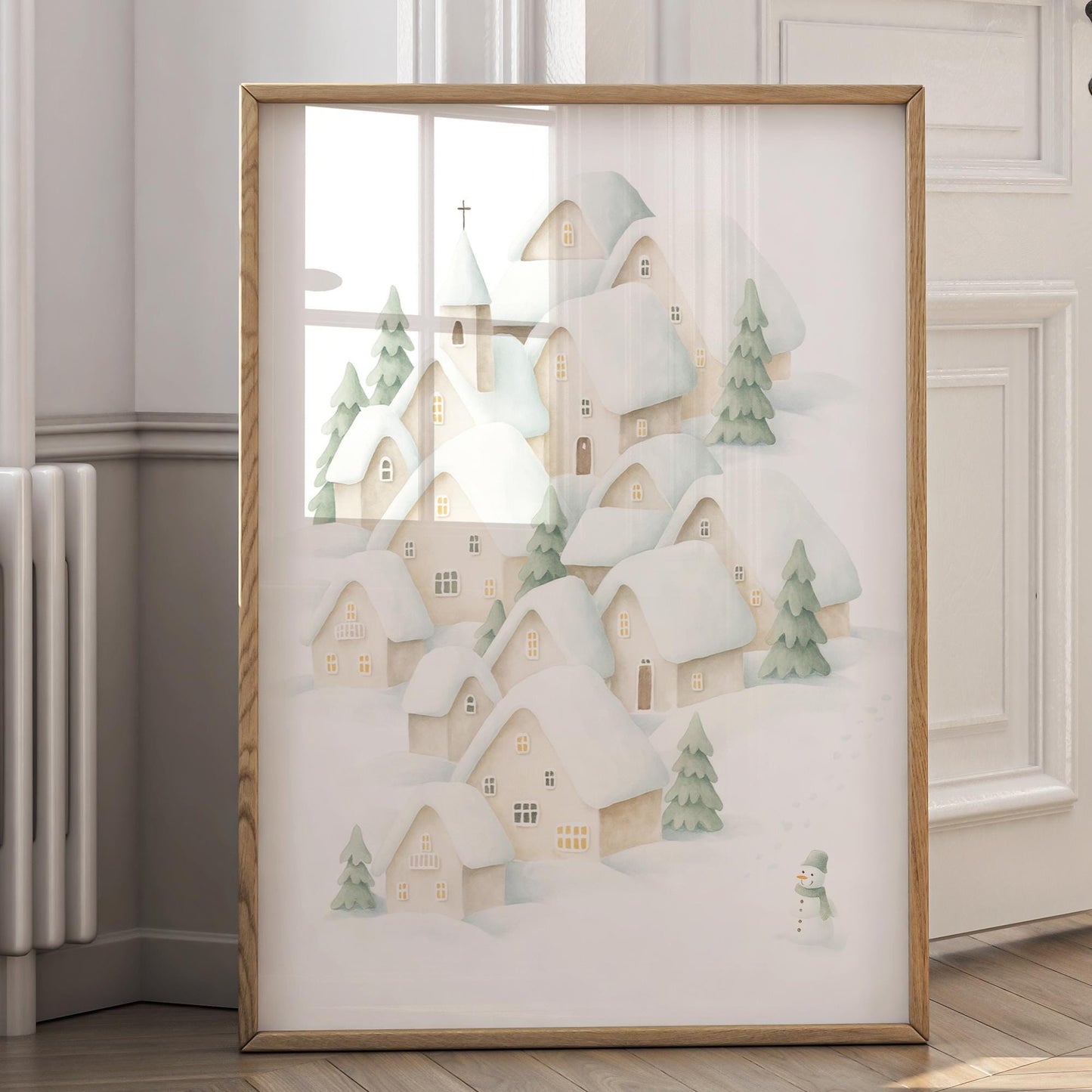 Christmas Village Wall Art 01: Snowy Winter Scene Print  Cosy Neutral Christmas Illustration Poster  Xmas Decoration  Seasonal Home Decor