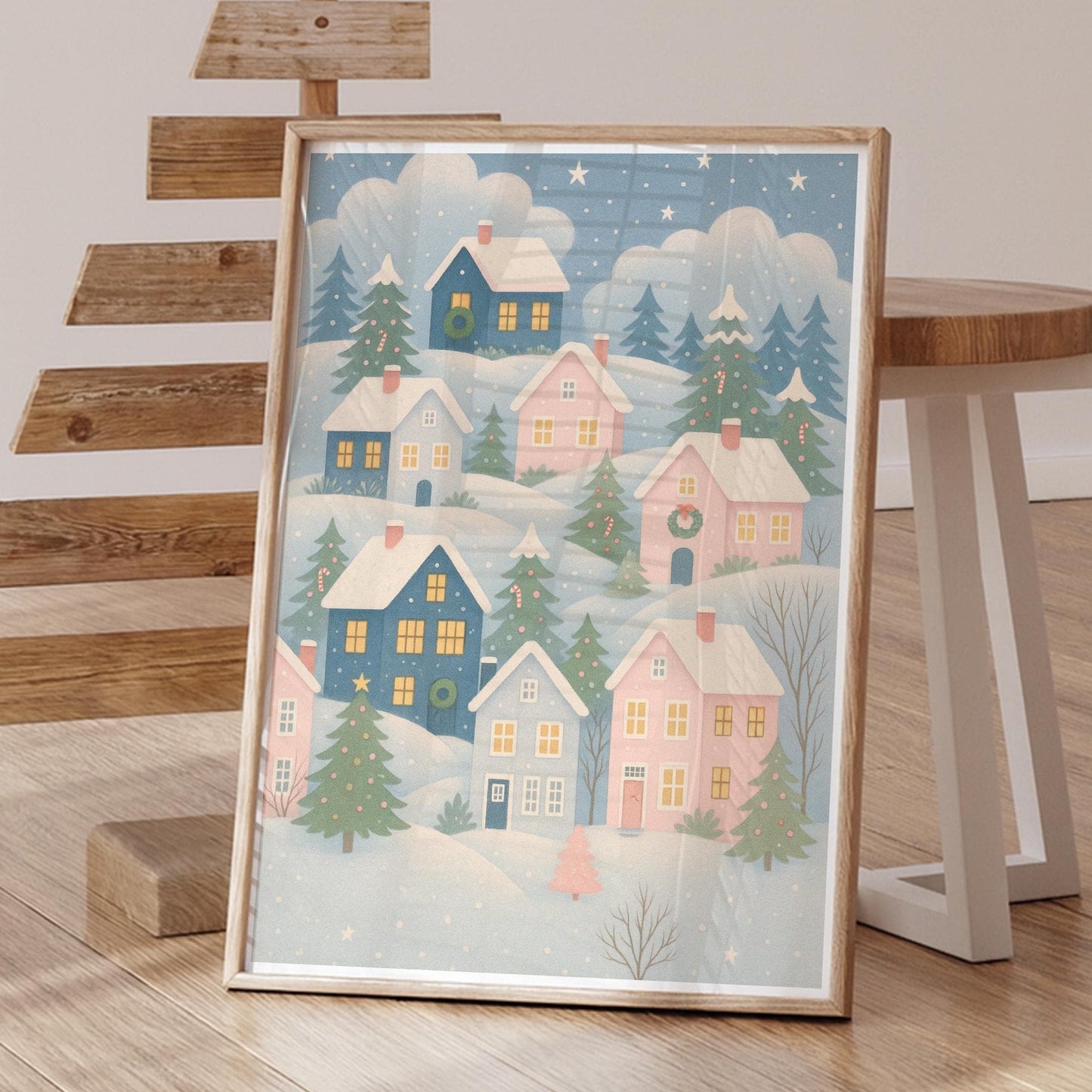 Christmas Village Print 02: Pastel Cosy Xmas Houses Wall Art  Christmas Illustration Poster  Seasonal Home Decor